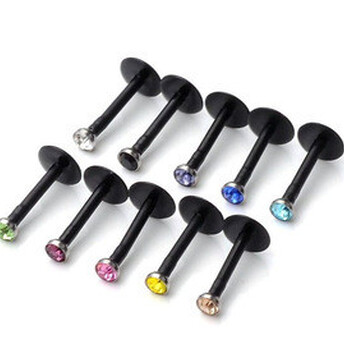 Лабрет с кристалом серьга для пирсинга 8х2,5х1,25 мм 10 шт. Черный разных цветов