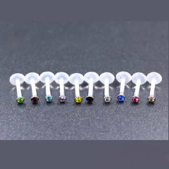 Лабрет с кристалом серьга для пирсинга 8х2,5х1,25 мм 10 шт. Прозрачный разных цветов