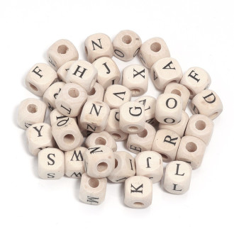 Деревянные бусины Алфавит 10х10 мм Ø 3,2 мм 25 г (+-48 шт.) Айвори