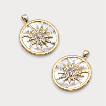 Кулон Solar circle с перламутром и стразами медный 18К позолота 32х25 мм 1 шт. Золото