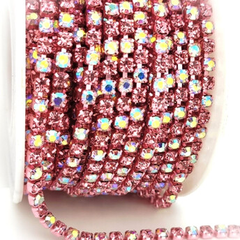 Стразовая цепь ss12 (3 мм) 1 м Rose АВ light pink