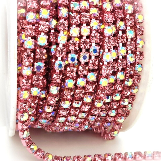 Стразовая цепь ss12 (3 мм) 1 м Rose АВ light pink