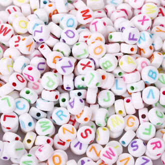 Бусины таблетка алфавит ABC 7х4 мм +-25 г (+-190 шт.) Белый буквы Разных цветов