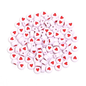 Бусины таблетка Сердца 7х4 мм Ø 1,6 мм +-25 г (±200 шт.) Белый с красным