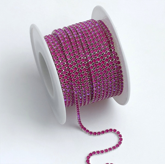 Стразовий ланцюг ss6 (2 мм) 1 м Fluorescent Pink AB Silver